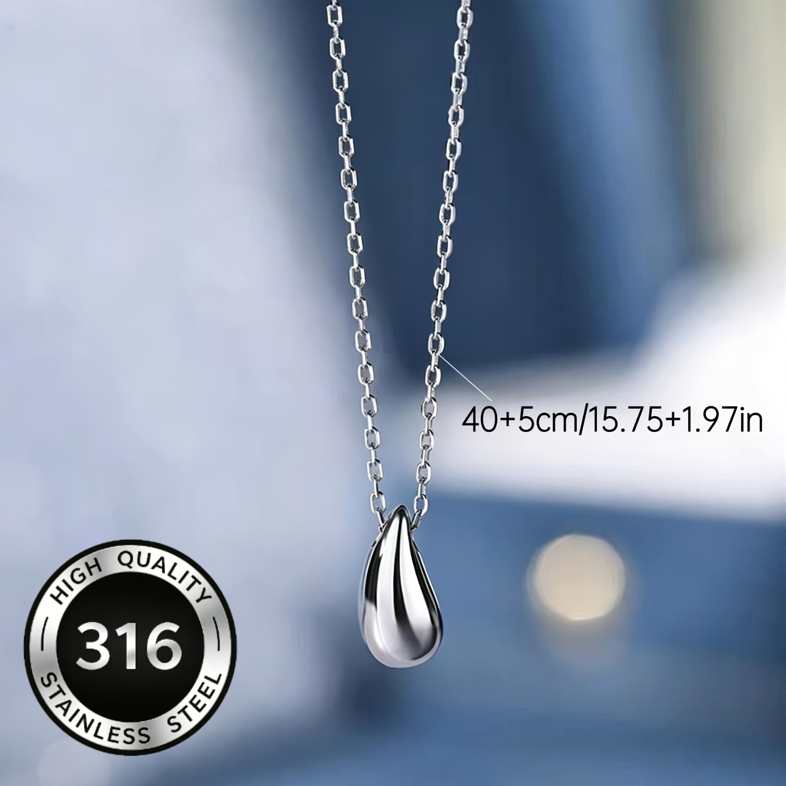 Women's Small Water Drop Pendant Necklace, Stainless Steel